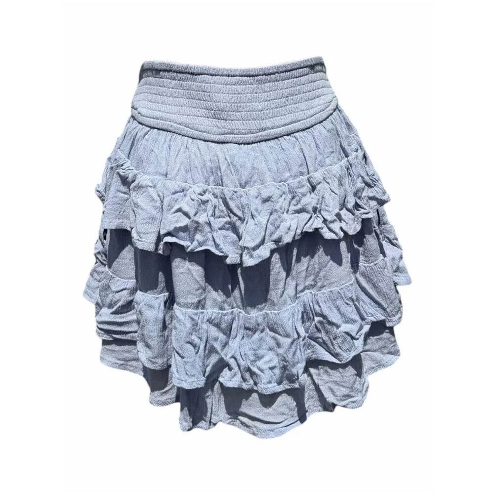 Hollister Tiered Ruffle Mini Skirt Blue Gray Medium Smocked Waist Boho Coquette